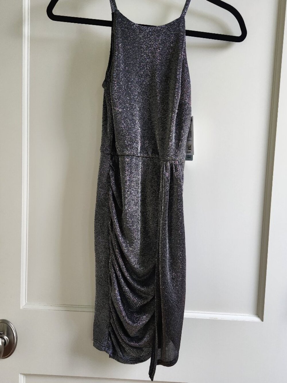NWT BCX Metallic Bodycon Dress XXS Silver Black Ruched Party Mini Cocktail